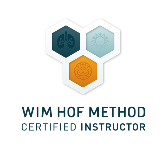 Wim Hof Method Certified Instructor badge featuring the breathwork, cold exposure and mindset icons in a circular logo.
