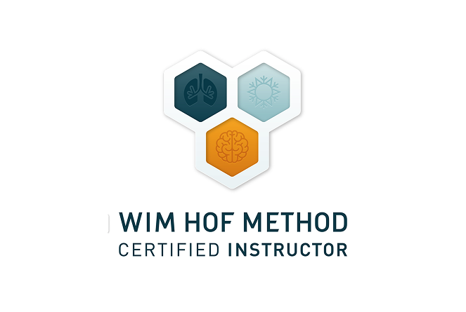 Wim Hof Method Certified Instructor badge featuring the breathwork, cold exposure and mindset icons in a circular logo.