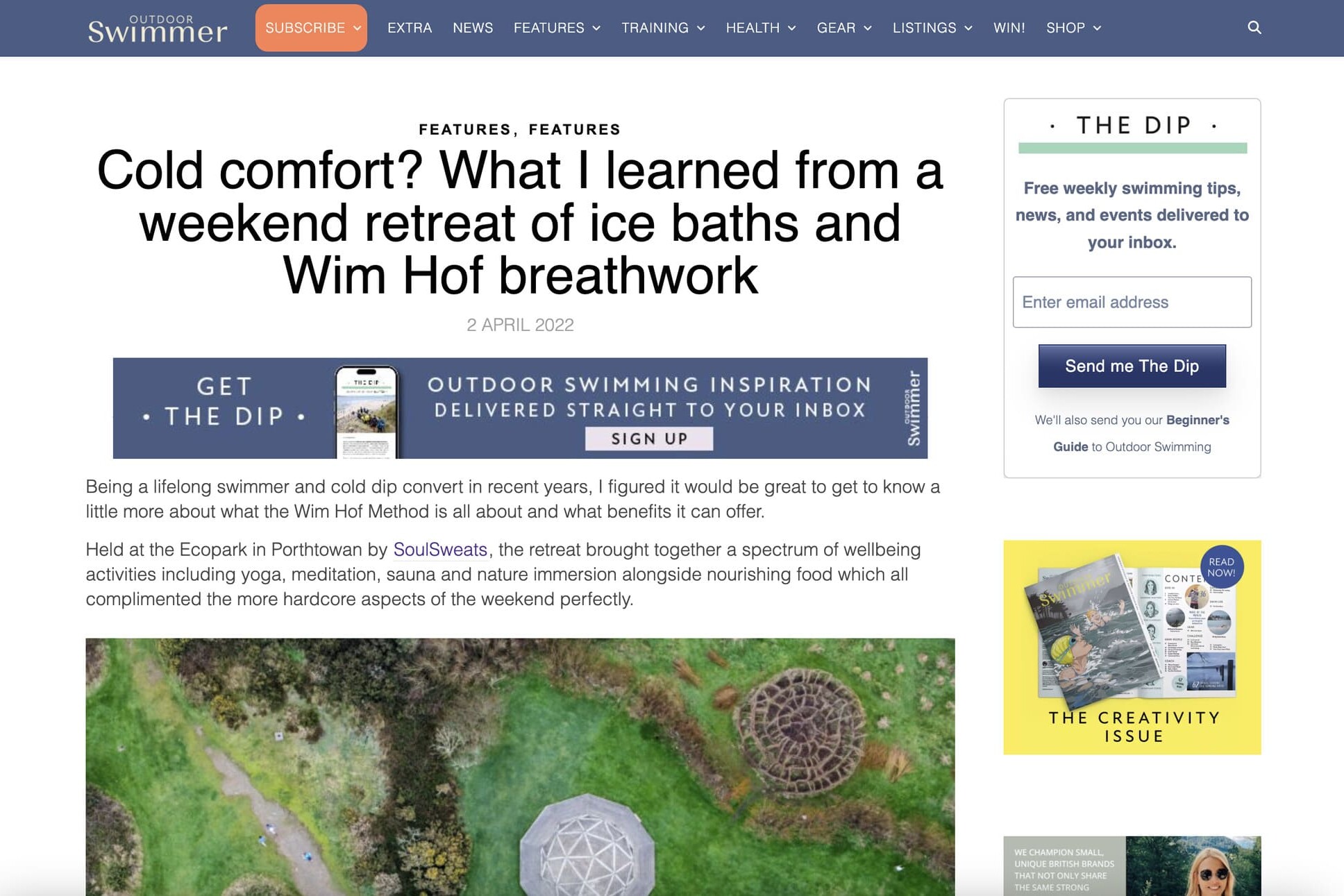 Outdoor Swimmer Magazine feature article titled “Cold comfort? What I learned from a weekend retreat of ice baths and Wim Hof breathwork,” with images from the Soul Sweats retreat.